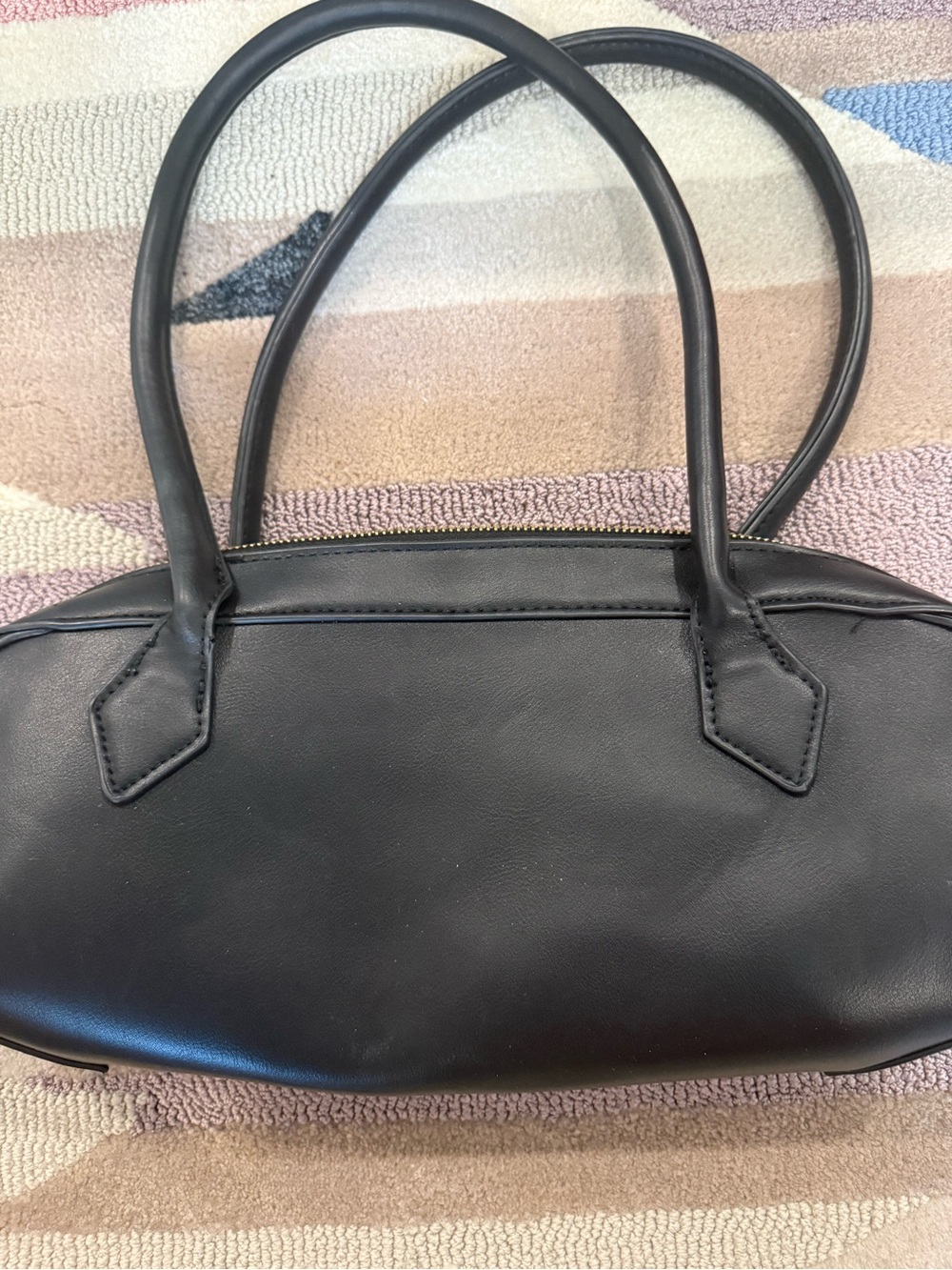Aqua Black Leather Double-Handle Shoulder Bag